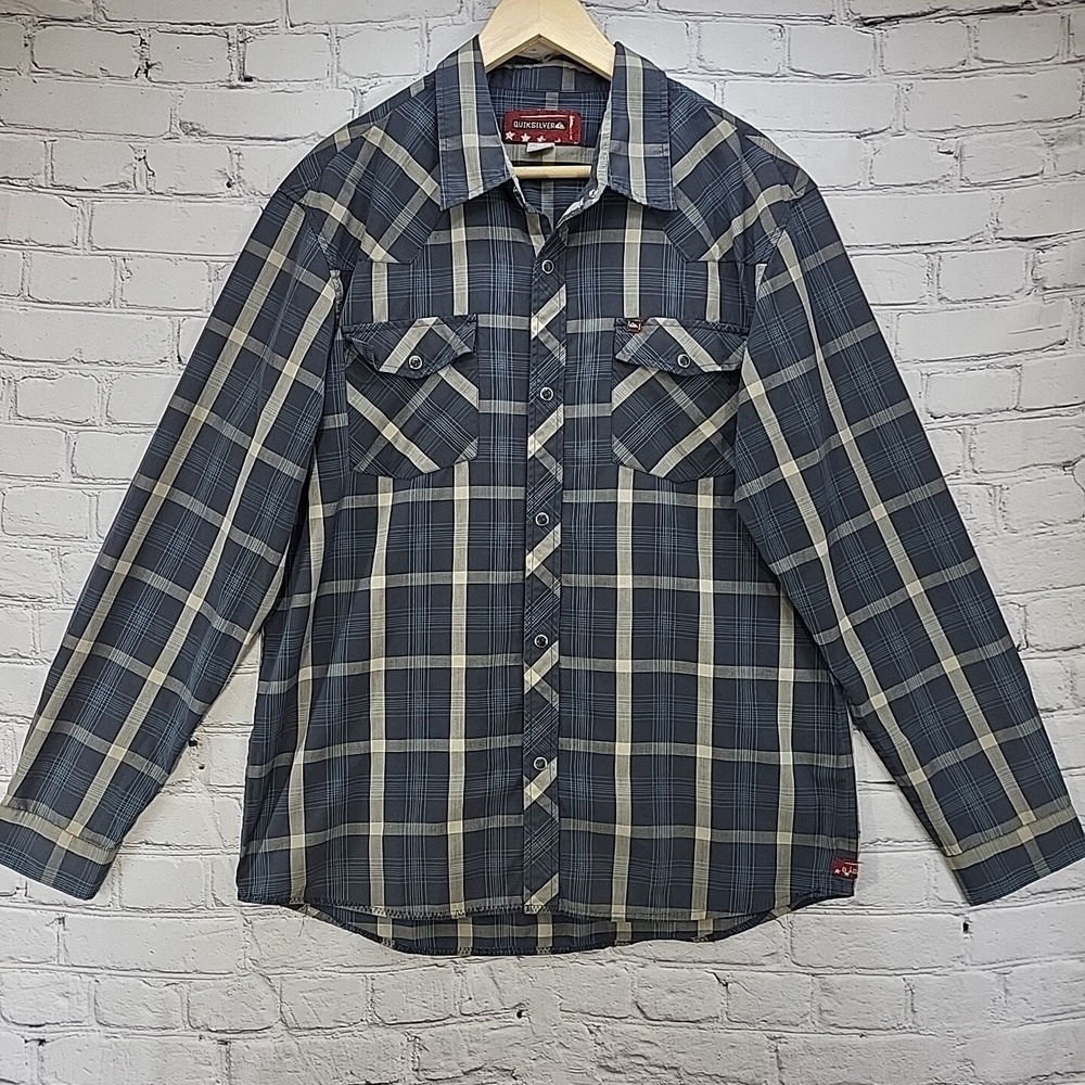 Quiksilver Western Shirt Mens sz L Large Gray Plaid Pearl Snap Long Sleeve